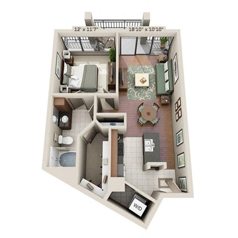 A floor plan of a small apartment with a living room, kitchen, and bathroom.